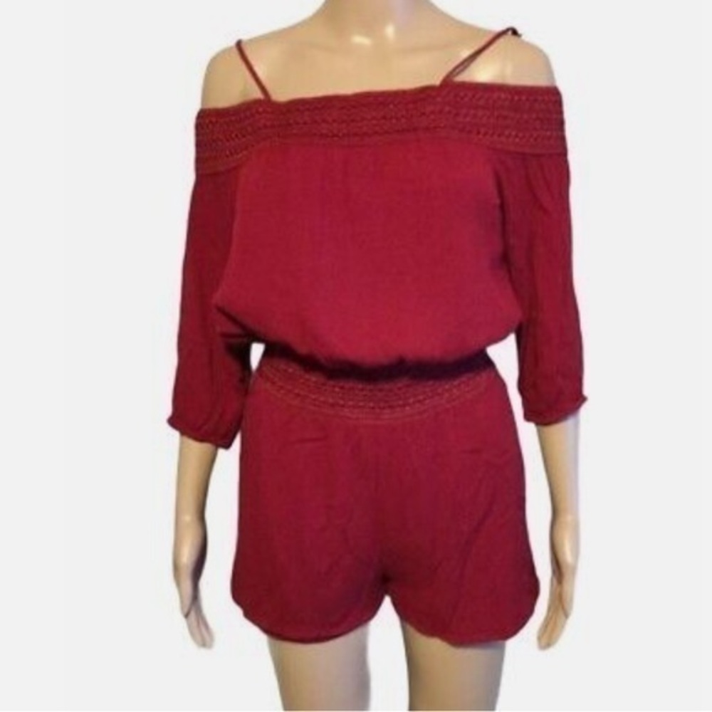 Purple Snow red three-quarter length sleeve cold shoulder crinkle fabric romper